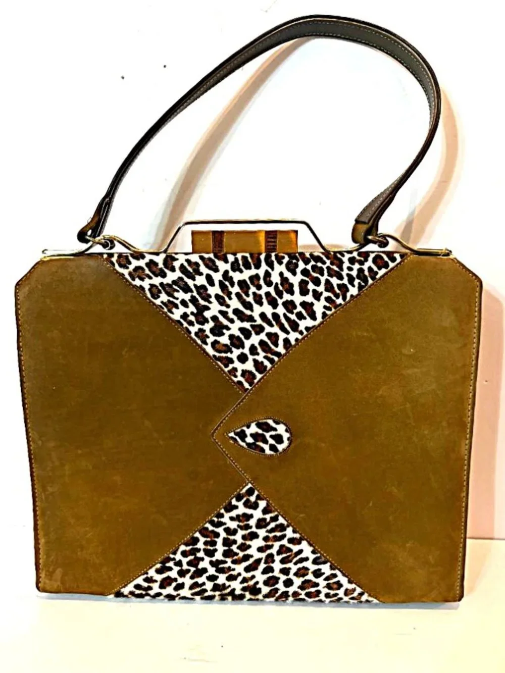 Vintage 1960s MCM Caramel Ultra-suede Clasp Handbag Hair-on-Hide Accent Panels